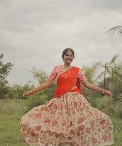 [DP021] Crepe Skirt with Zari Work & Orange Raw Silk Blouse â€“ Custom Design