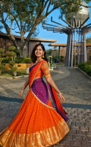 [DP040] Dazzling Bright Orange & Royal Purple Half Saree with paired with a matching running blouse
