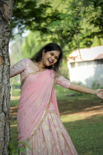 [DP035] Elegant Custom Pastel Pink Half Saree with Running Stitched Free-Size Blouse