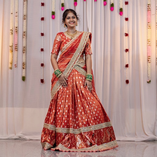 [DP025] Regal Orange Pythoni Half Saree â€“ Fully Customised with Blouse & Dupatta | Made-to-Order