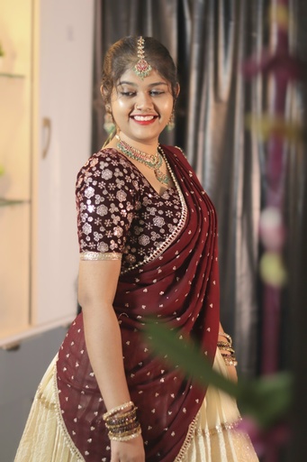 [DP001] Cream & Meroon Half Saree with Velvet Blouse, Chikankari Work Skirt & Georgette Dupatta â€“ Custom Made