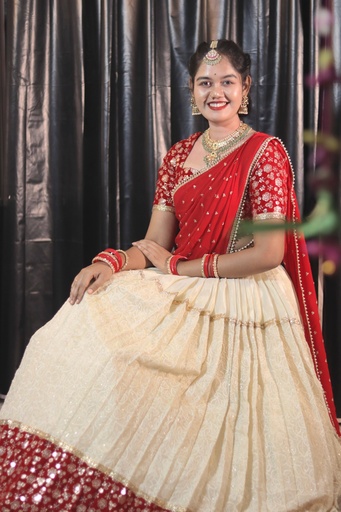 [DP002] Cream & Red Half Saree with Velvet Blouse, Chikankari Work Skirt & Georgette Dupatta â€“ Custom Made