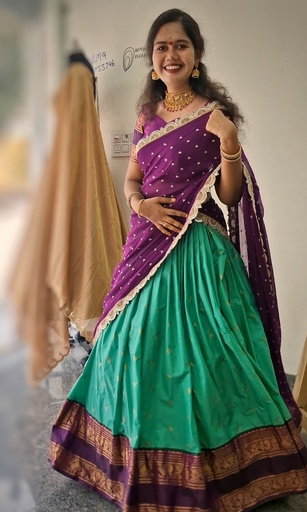 [DP028] Gadwall Pattu Sea Green Skirt with Magenta Blouse & Dupatta â€“ Traditional Silk Ensemble